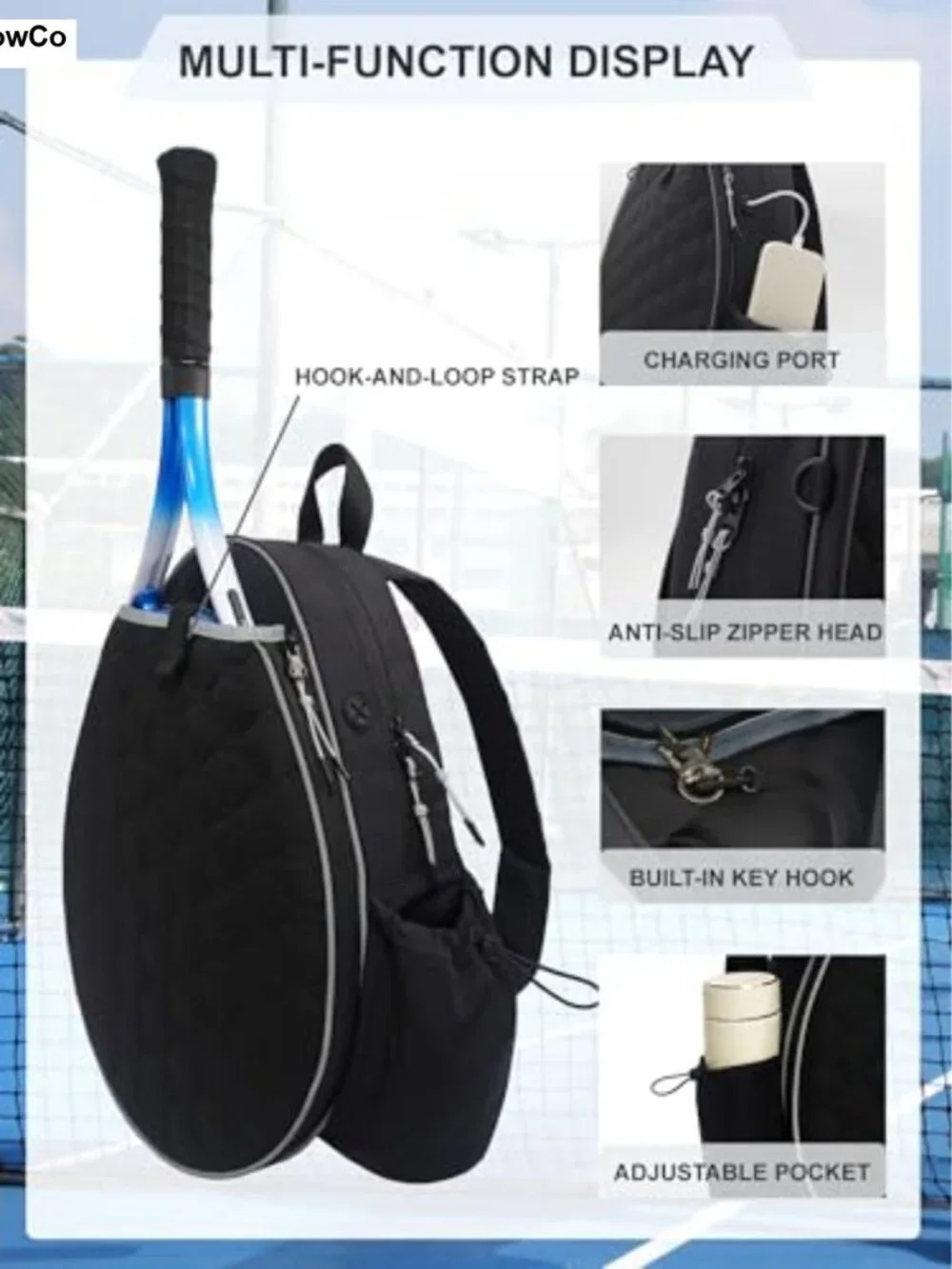 Tennis Backpack Holds 1-2 Rackets Quilted Nylon Polyester with USB Charging Port